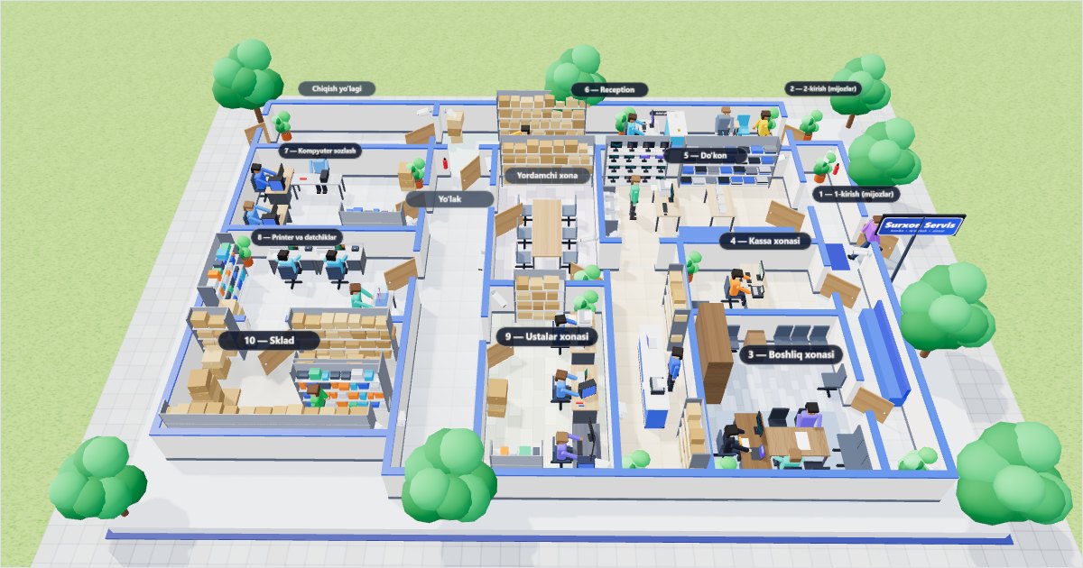 Interactive 3D model of the Surxon Servis office and shop: reception, technician rooms, shop and warehouse